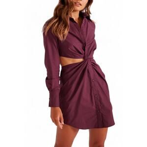 MINKPINK Allegra Twisted Shirt Mini Burgundy Red Cut Out Long Sleeve Small S NEW
